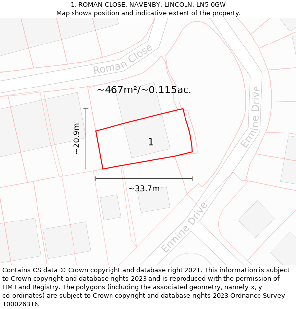 1, ROMAN CLOSE, NAVENBY, LINCOLN, LN5 0GW: Plot and title map