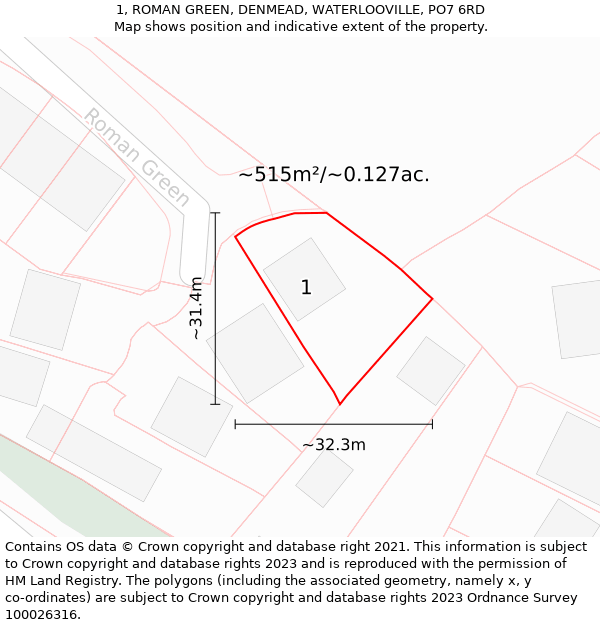 1, ROMAN GREEN, DENMEAD, WATERLOOVILLE, PO7 6RD: Plot and title map