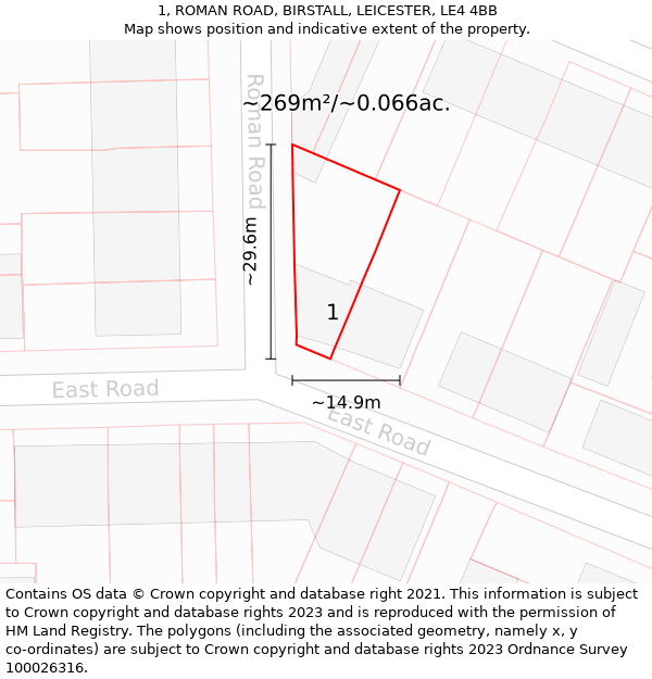 1, ROMAN ROAD, BIRSTALL, LEICESTER, LE4 4BB: Plot and title map