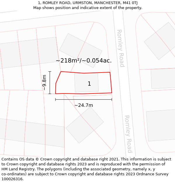 1, ROMLEY ROAD, URMSTON, MANCHESTER, M41 0TJ: Plot and title map