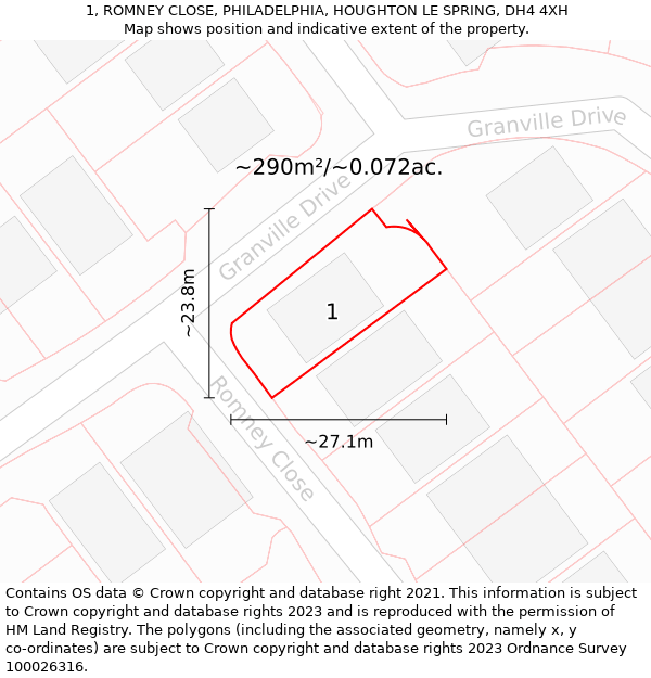 1, ROMNEY CLOSE, PHILADELPHIA, HOUGHTON LE SPRING, DH4 4XH: Plot and title map