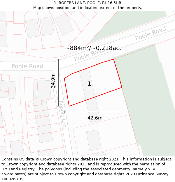 1, ROPERS LANE, POOLE, BH16 5HR: Plot and title map