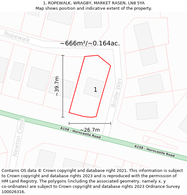 1, ROPEWALK, WRAGBY, MARKET RASEN, LN8 5YA: Plot and title map