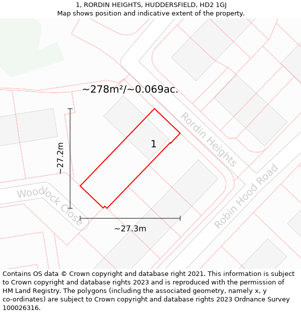 1, RORDIN HEIGHTS, HUDDERSFIELD, HD2 1GJ: Plot and title map