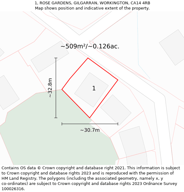 1, ROSE GARDENS, GILGARRAN, WORKINGTON, CA14 4RB: Plot and title map