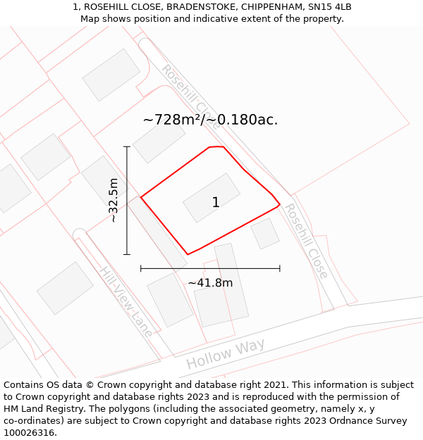 1, ROSEHILL CLOSE, BRADENSTOKE, CHIPPENHAM, SN15 4LB: Plot and title map