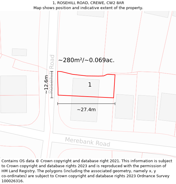 1, ROSEHILL ROAD, CREWE, CW2 8AR: Plot and title map