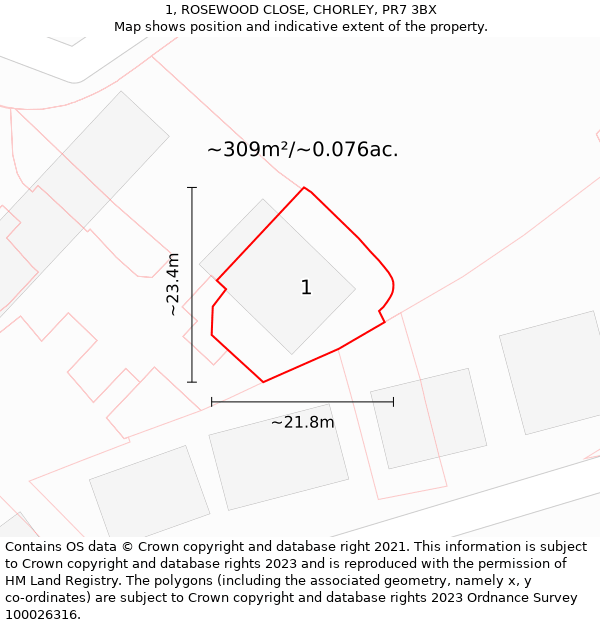 1, ROSEWOOD CLOSE, CHORLEY, PR7 3BX: Plot and title map