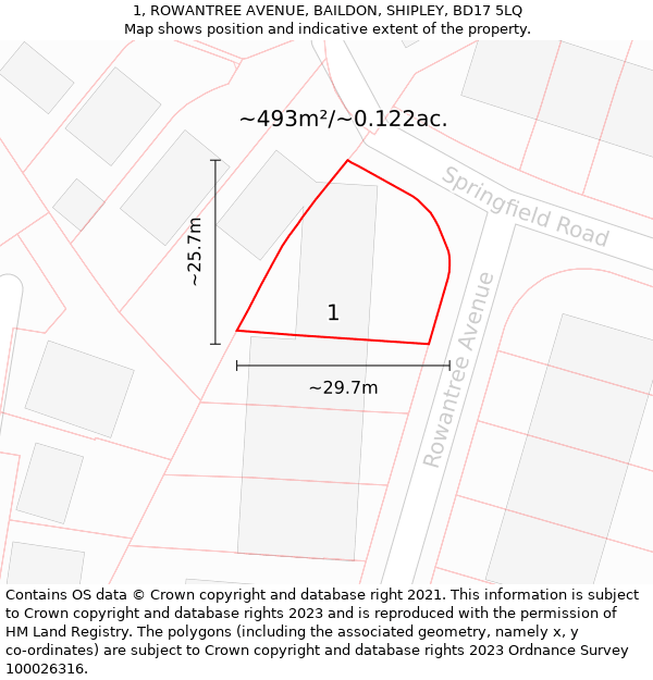 1, ROWANTREE AVENUE, BAILDON, SHIPLEY, BD17 5LQ: Plot and title map