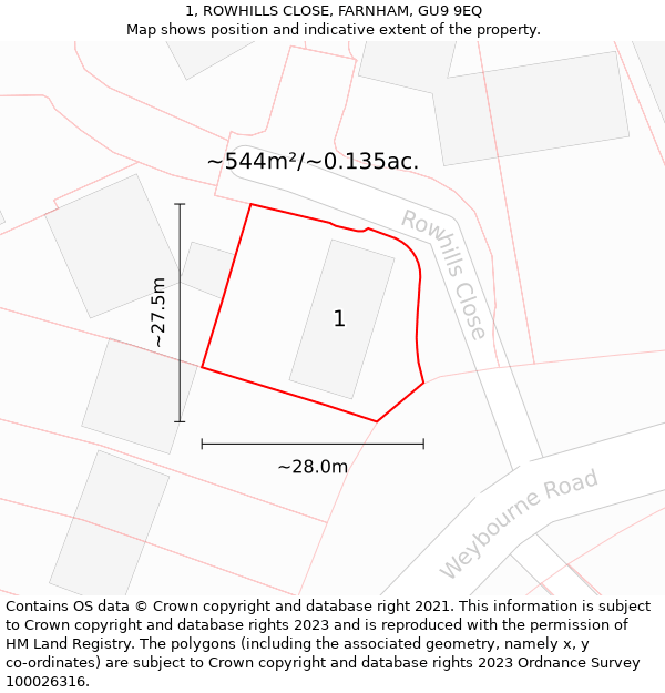 1, ROWHILLS CLOSE, FARNHAM, GU9 9EQ: Plot and title map