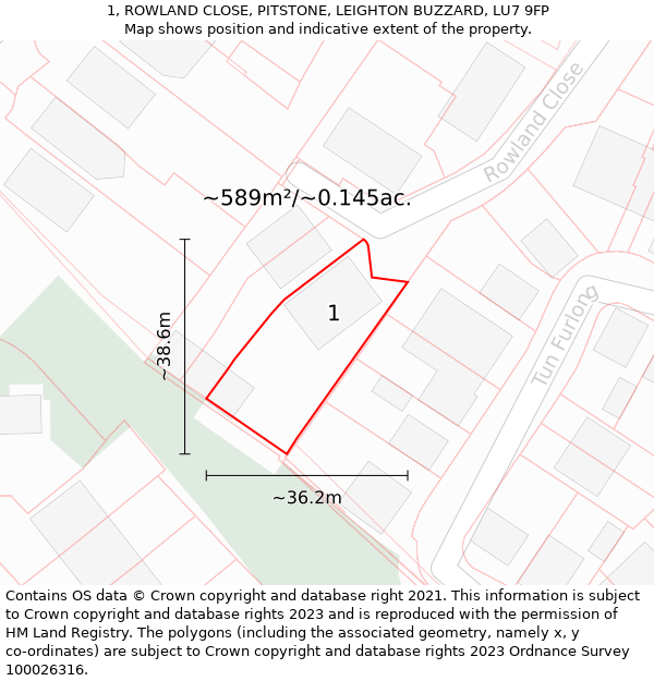 1, ROWLAND CLOSE, PITSTONE, LEIGHTON BUZZARD, LU7 9FP: Plot and title map