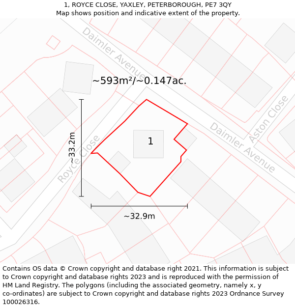 1, ROYCE CLOSE, YAXLEY, PETERBOROUGH, PE7 3QY: Plot and title map