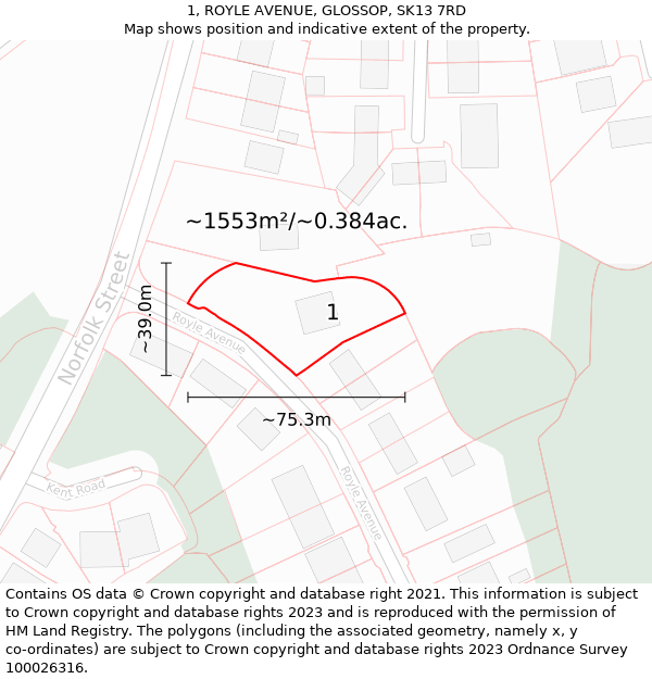 1, ROYLE AVENUE, GLOSSOP, SK13 7RD: Plot and title map