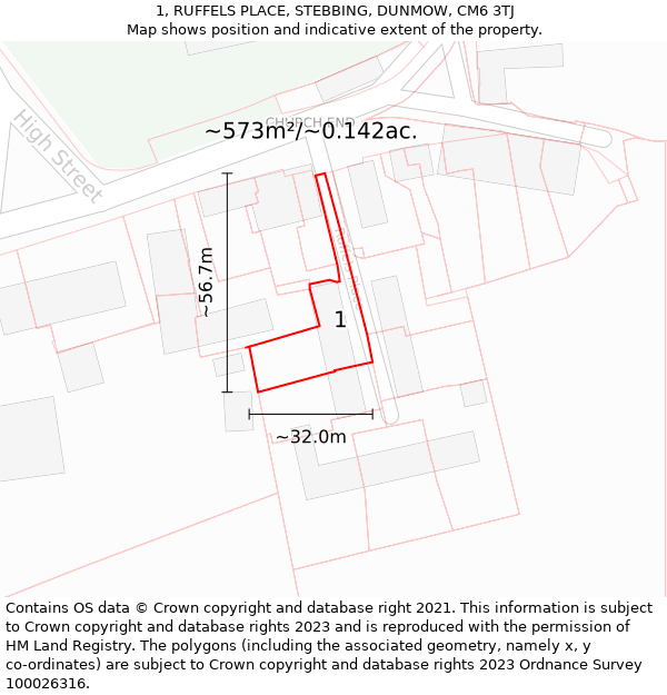 1, RUFFELS PLACE, STEBBING, DUNMOW, CM6 3TJ: Plot and title map