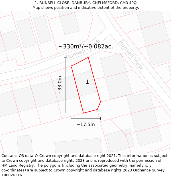 1, RUNSELL CLOSE, DANBURY, CHELMSFORD, CM3 4PQ: Plot and title map