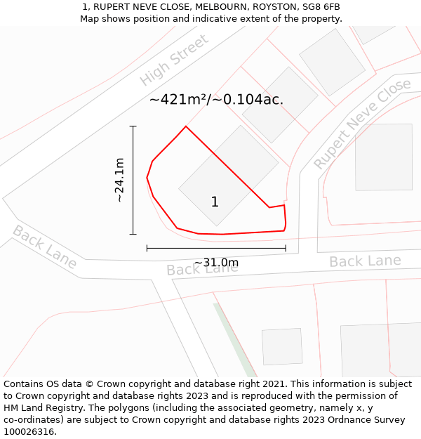 1, RUPERT NEVE CLOSE, MELBOURN, ROYSTON, SG8 6FB: Plot and title map