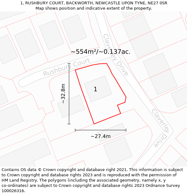 1, RUSHBURY COURT, BACKWORTH, NEWCASTLE UPON TYNE, NE27 0SR: Plot and title map