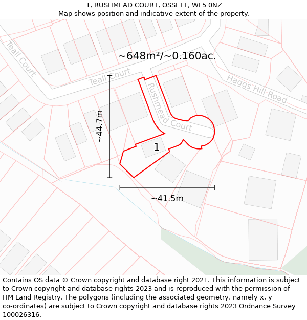 1, RUSHMEAD COURT, OSSETT, WF5 0NZ: Plot and title map