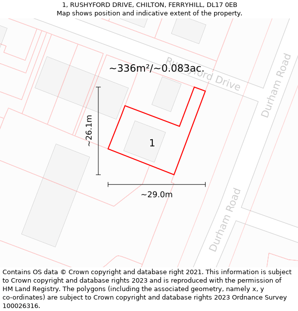 1, RUSHYFORD DRIVE, CHILTON, FERRYHILL, DL17 0EB: Plot and title map