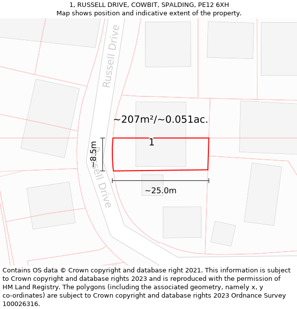 1, RUSSELL DRIVE, COWBIT, SPALDING, PE12 6XH: Plot and title map