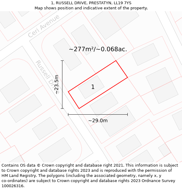 1, RUSSELL DRIVE, PRESTATYN, LL19 7YS: Plot and title map