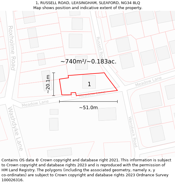 1, RUSSELL ROAD, LEASINGHAM, SLEAFORD, NG34 8LQ: Plot and title map