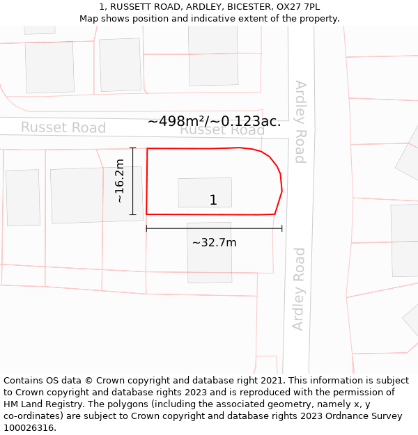 1, RUSSETT ROAD, ARDLEY, BICESTER, OX27 7PL: Plot and title map