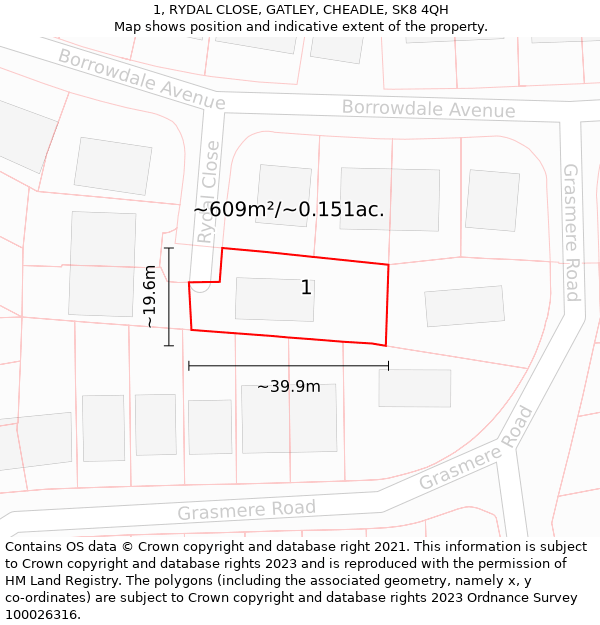 1, RYDAL CLOSE, GATLEY, CHEADLE, SK8 4QH: Plot and title map