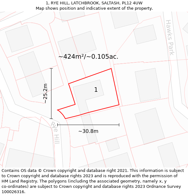 1, RYE HILL, LATCHBROOK, SALTASH, PL12 4UW: Plot and title map