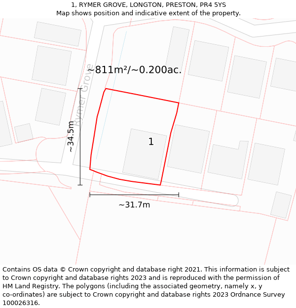 1, RYMER GROVE, LONGTON, PRESTON, PR4 5YS: Plot and title map