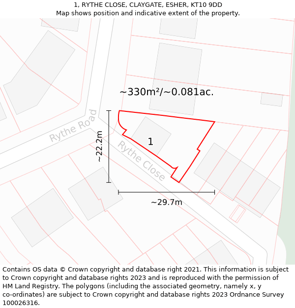 1, RYTHE CLOSE, CLAYGATE, ESHER, KT10 9DD: Plot and title map