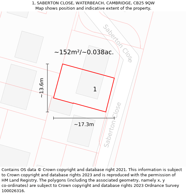 1, SABERTON CLOSE, WATERBEACH, CAMBRIDGE, CB25 9QW: Plot and title map