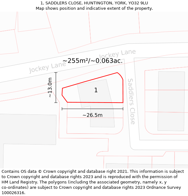 1, SADDLERS CLOSE, HUNTINGTON, YORK, YO32 9LU: Plot and title map