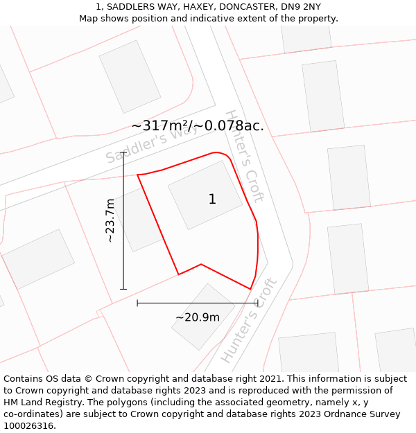 1, SADDLERS WAY, HAXEY, DONCASTER, DN9 2NY: Plot and title map