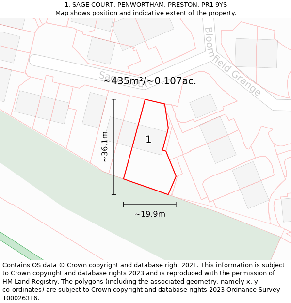 1, SAGE COURT, PENWORTHAM, PRESTON, PR1 9YS: Plot and title map