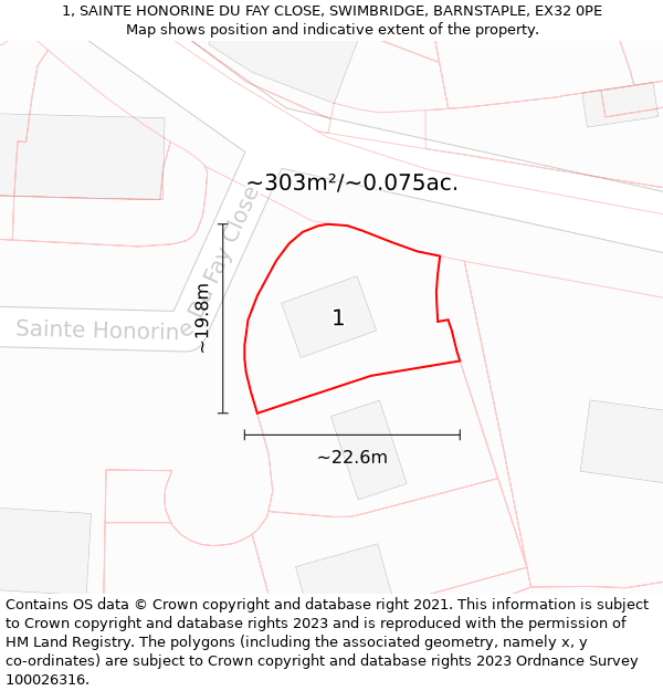 1, SAINTE HONORINE DU FAY CLOSE, SWIMBRIDGE, BARNSTAPLE, EX32 0PE: Plot and title map