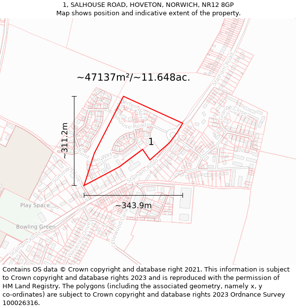 1, SALHOUSE ROAD, HOVETON, NORWICH, NR12 8GP: Plot and title map