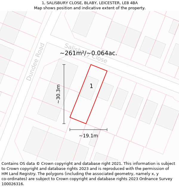 1, SALISBURY CLOSE, BLABY, LEICESTER, LE8 4BA: Plot and title map