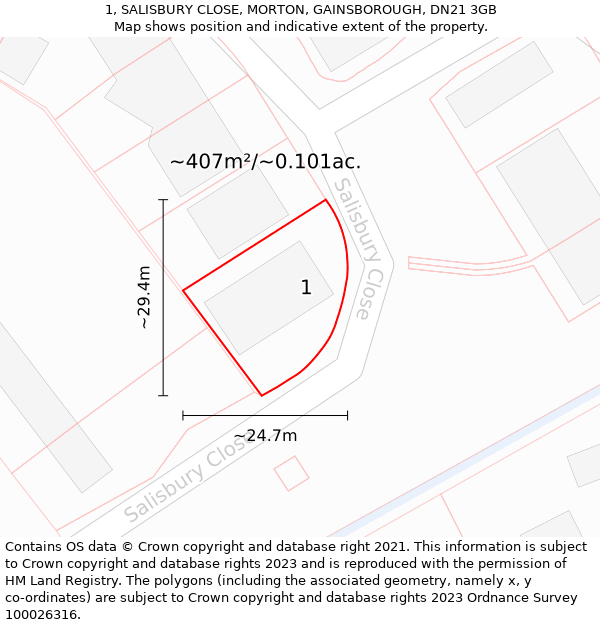 1, SALISBURY CLOSE, MORTON, GAINSBOROUGH, DN21 3GB: Plot and title map