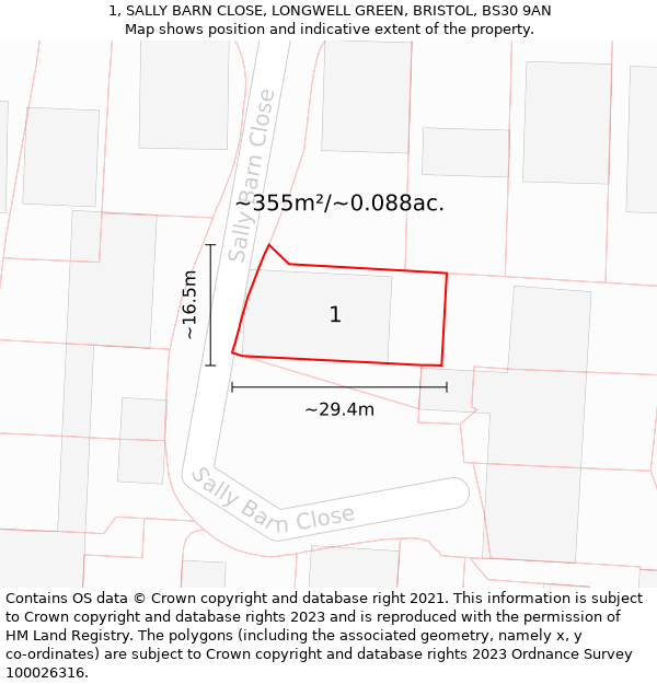 1, SALLY BARN CLOSE, LONGWELL GREEN, BRISTOL, BS30 9AN: Plot and title map