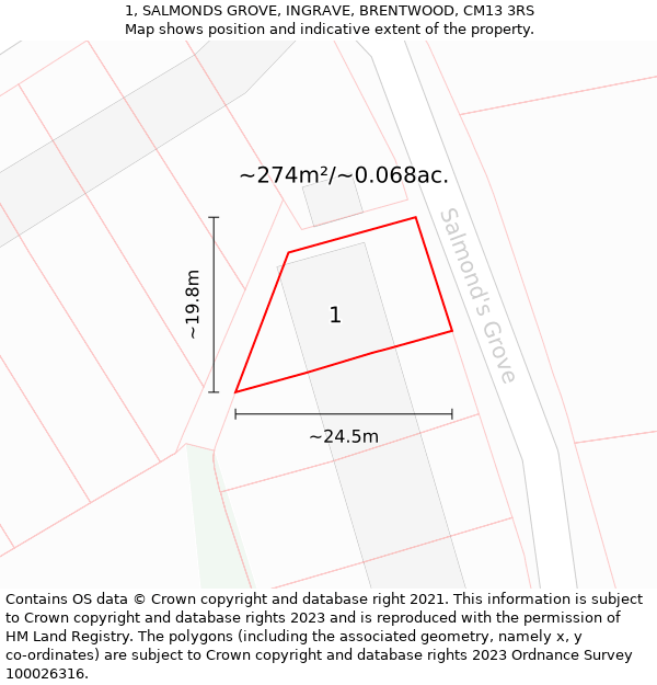 1, SALMONDS GROVE, INGRAVE, BRENTWOOD, CM13 3RS: Plot and title map