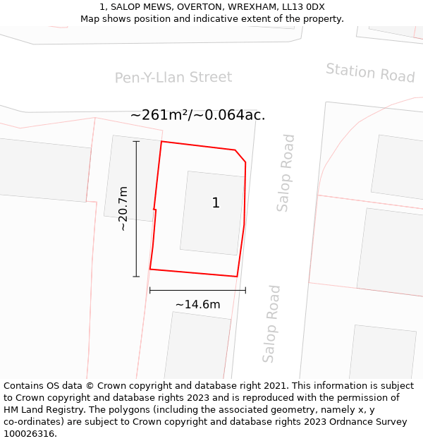 1, SALOP MEWS, OVERTON, WREXHAM, LL13 0DX: Plot and title map