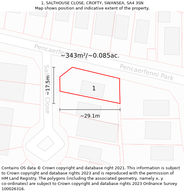 1, SALTHOUSE CLOSE, CROFTY, SWANSEA, SA4 3SN: Plot and title map