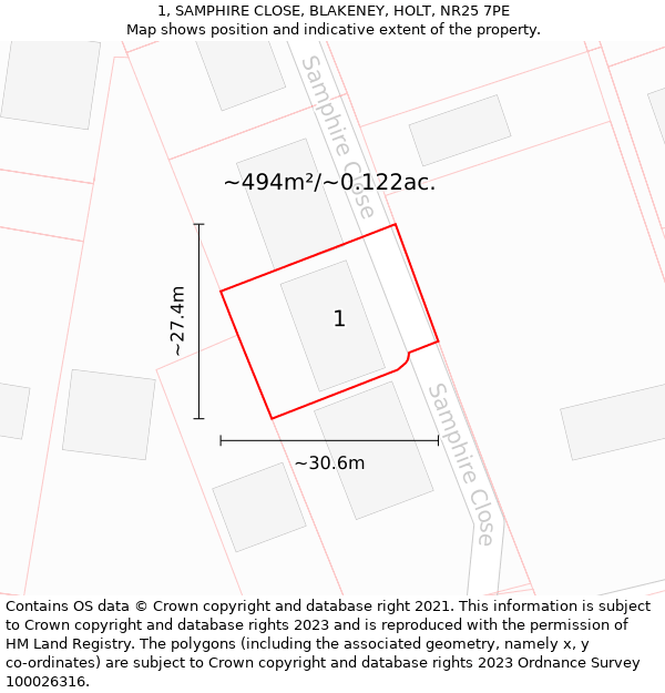 1, SAMPHIRE CLOSE, BLAKENEY, HOLT, NR25 7PE: Plot and title map