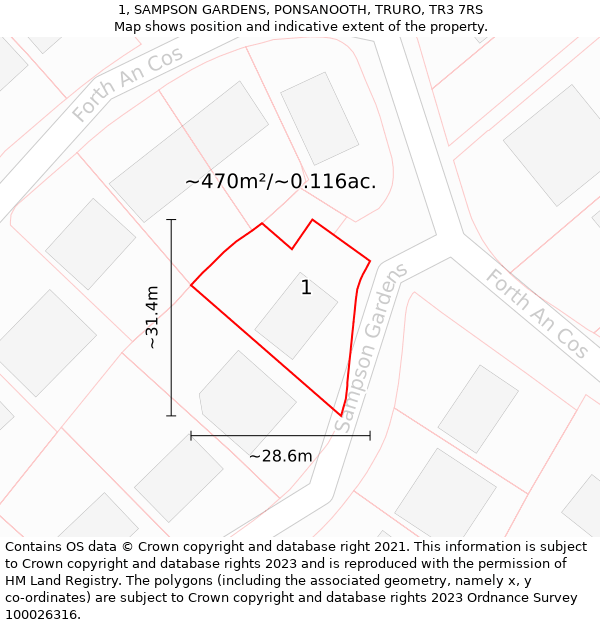 1, SAMPSON GARDENS, PONSANOOTH, TRURO, TR3 7RS: Plot and title map