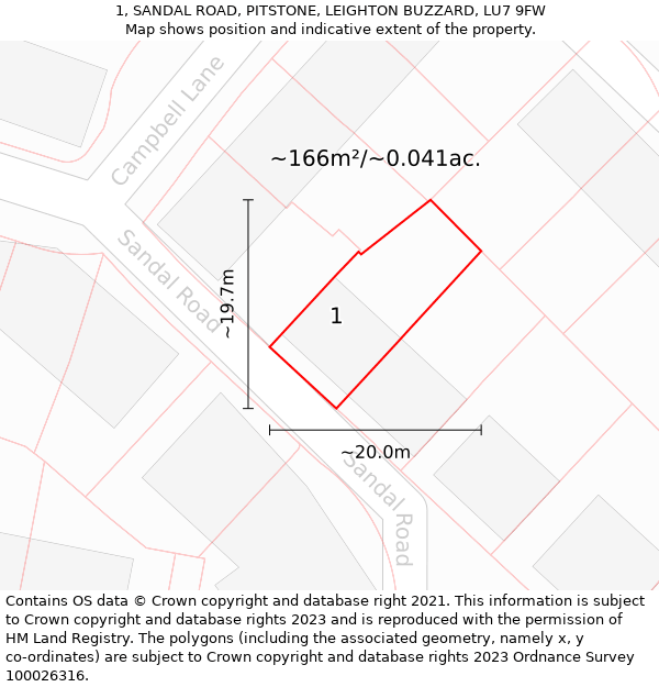 1, SANDAL ROAD, PITSTONE, LEIGHTON BUZZARD, LU7 9FW: Plot and title map