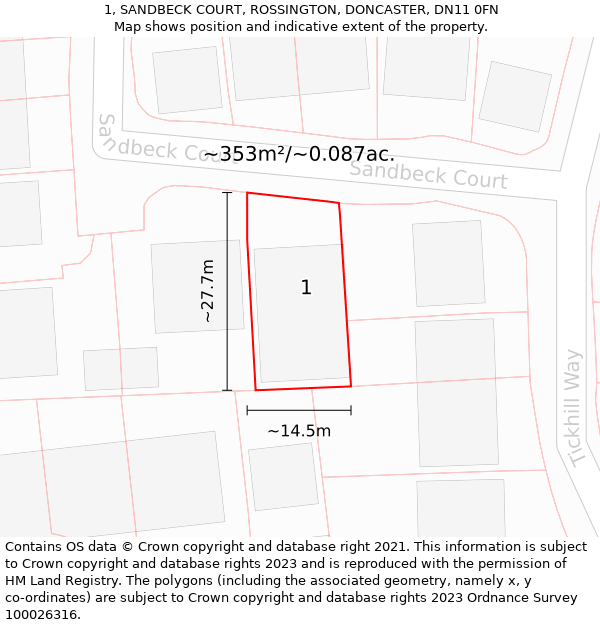 1, SANDBECK COURT, ROSSINGTON, DONCASTER, DN11 0FN: Plot and title map