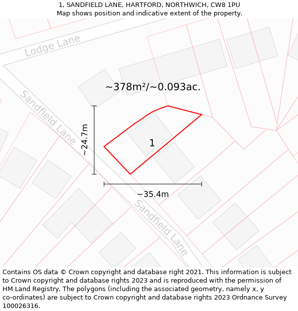 1, SANDFIELD LANE, HARTFORD, NORTHWICH, CW8 1PU: Plot and title map
