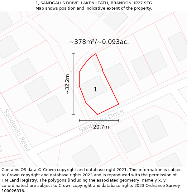 1, SANDGALLS DRIVE, LAKENHEATH, BRANDON, IP27 9EG: Plot and title map