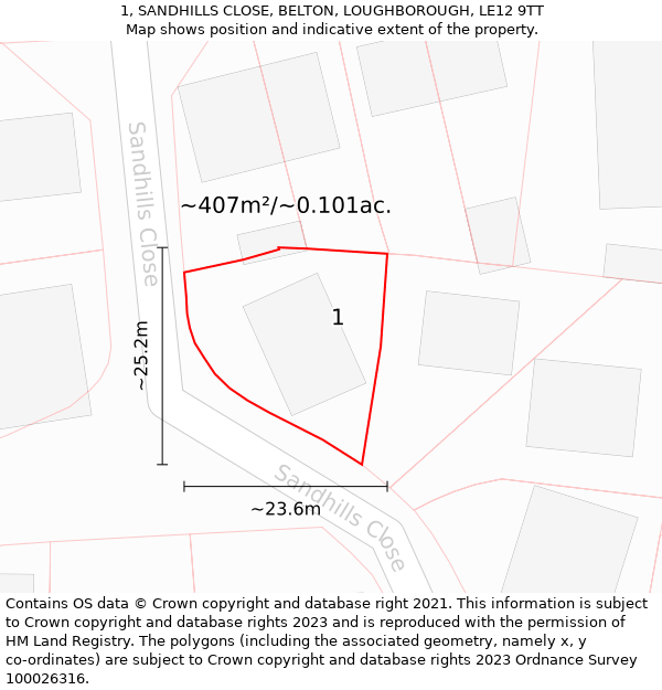 1, SANDHILLS CLOSE, BELTON, LOUGHBOROUGH, LE12 9TT: Plot and title map